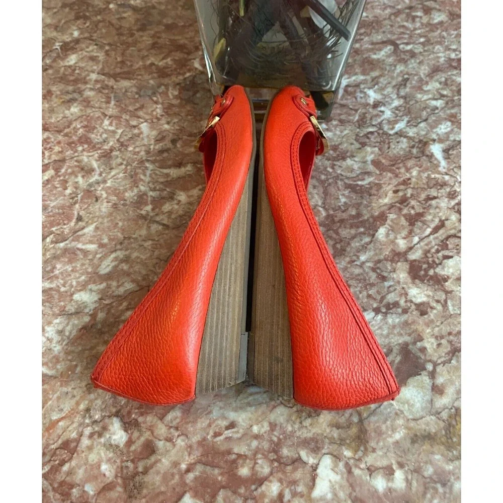Tory Burch Amanda Orange Red Leather Open Toe Wedge Heel Shoes 10M ‎ EUC! $278